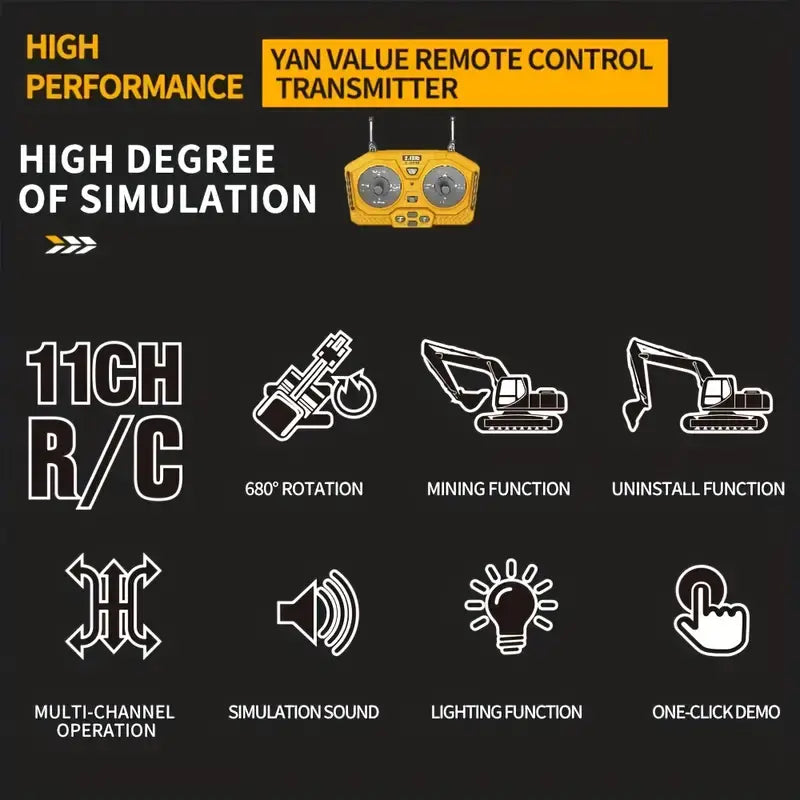 1:20 RC Alloy Excavator – 2.4GHz Rechargeable Remote Control Construction Vehicle