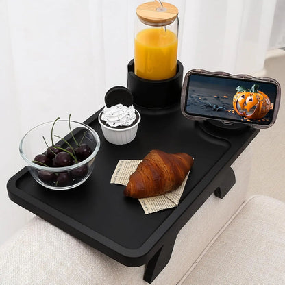 Acacia Wood 3-in-1 Clip-On Sofa Arm Tray with Cup & Phone Holder
