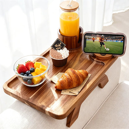 Acacia Wood 3-in-1 Clip-On Sofa Arm Tray with Cup & Phone Holder