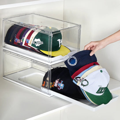 Clear Stackable Hat Organizer – Cap Storage Box with Magnetic Door