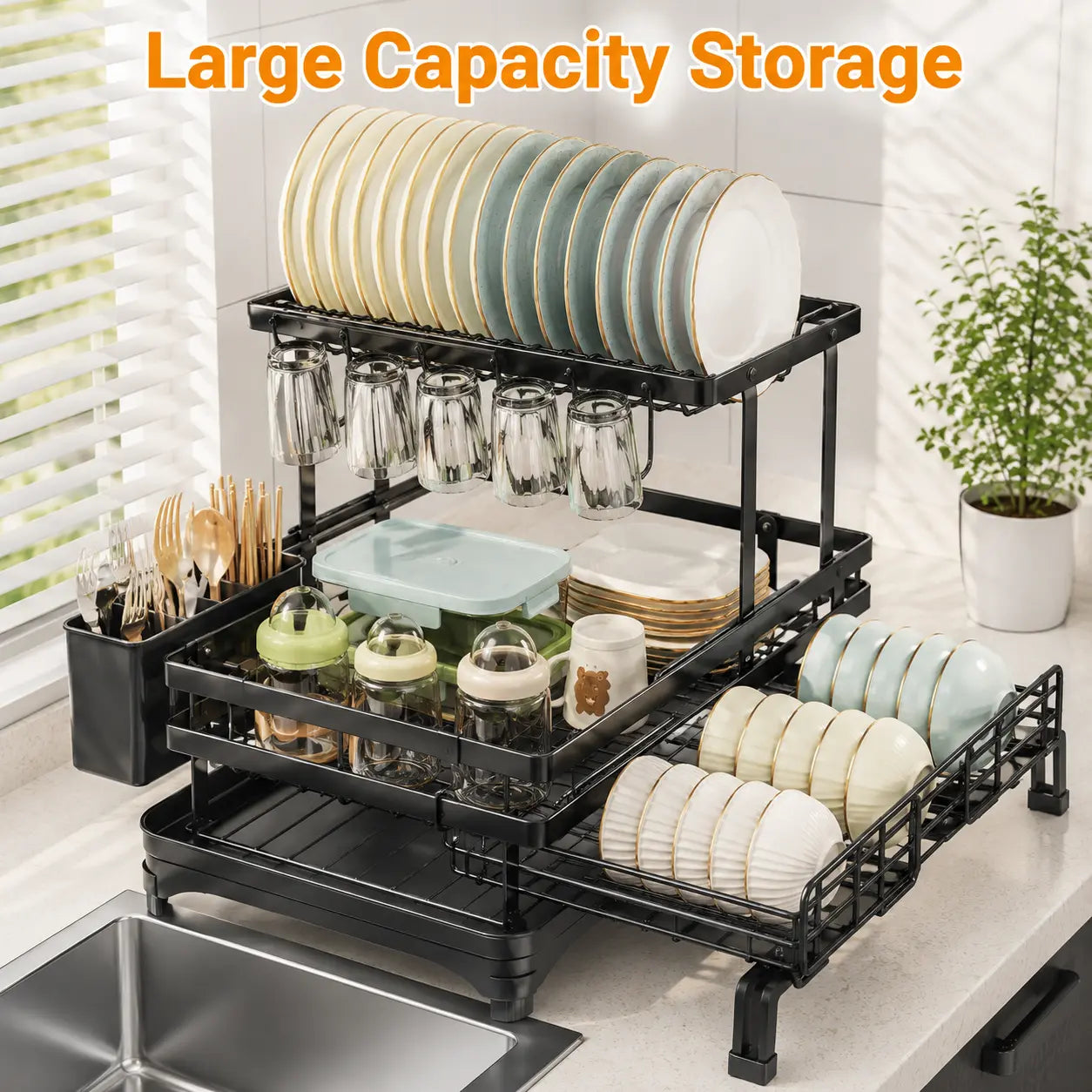 Foldable Over Sink Dish Drying Rack - 2-Tier Space-Saving Organizer
