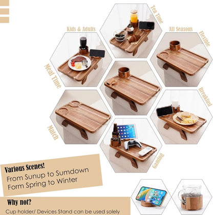 Acacia Wood 3-in-1 Clip-On Sofa Arm Tray with Cup & Phone Holder