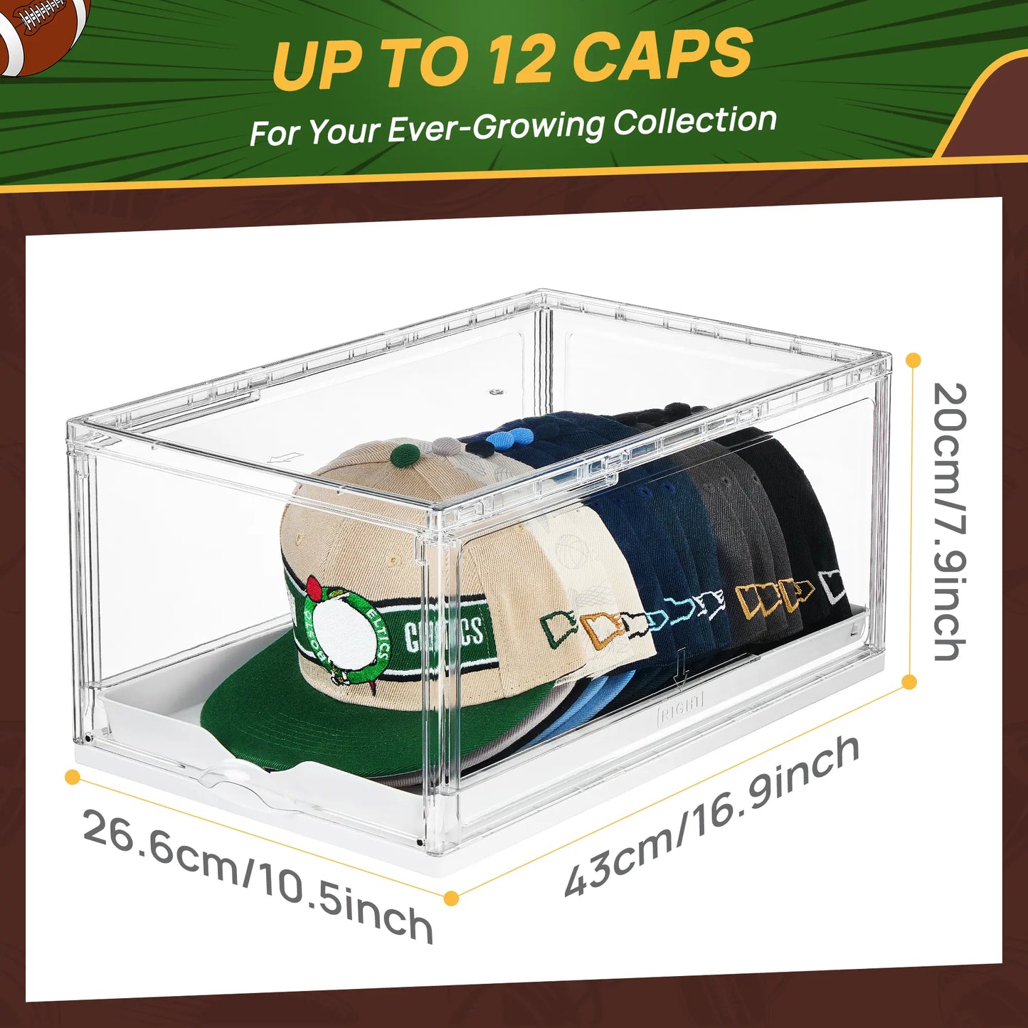 Clear Stackable Hat Organizer – Cap Storage Box with Magnetic Door