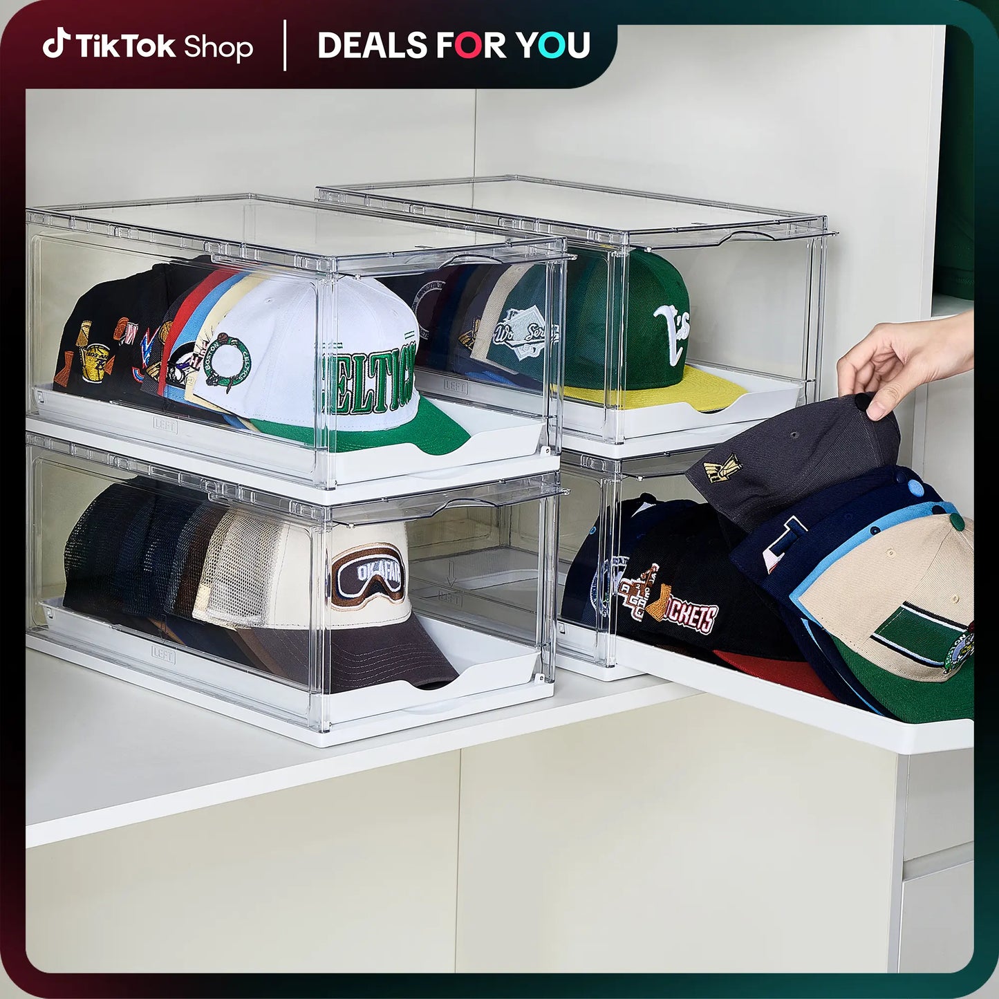 Clear Stackable Hat Organizer – Cap Storage Box with Magnetic Door