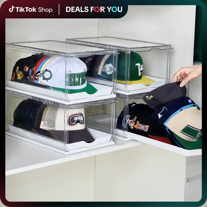 Clear Stackable Hat Organizer – Cap Storage Box with Magnetic Door