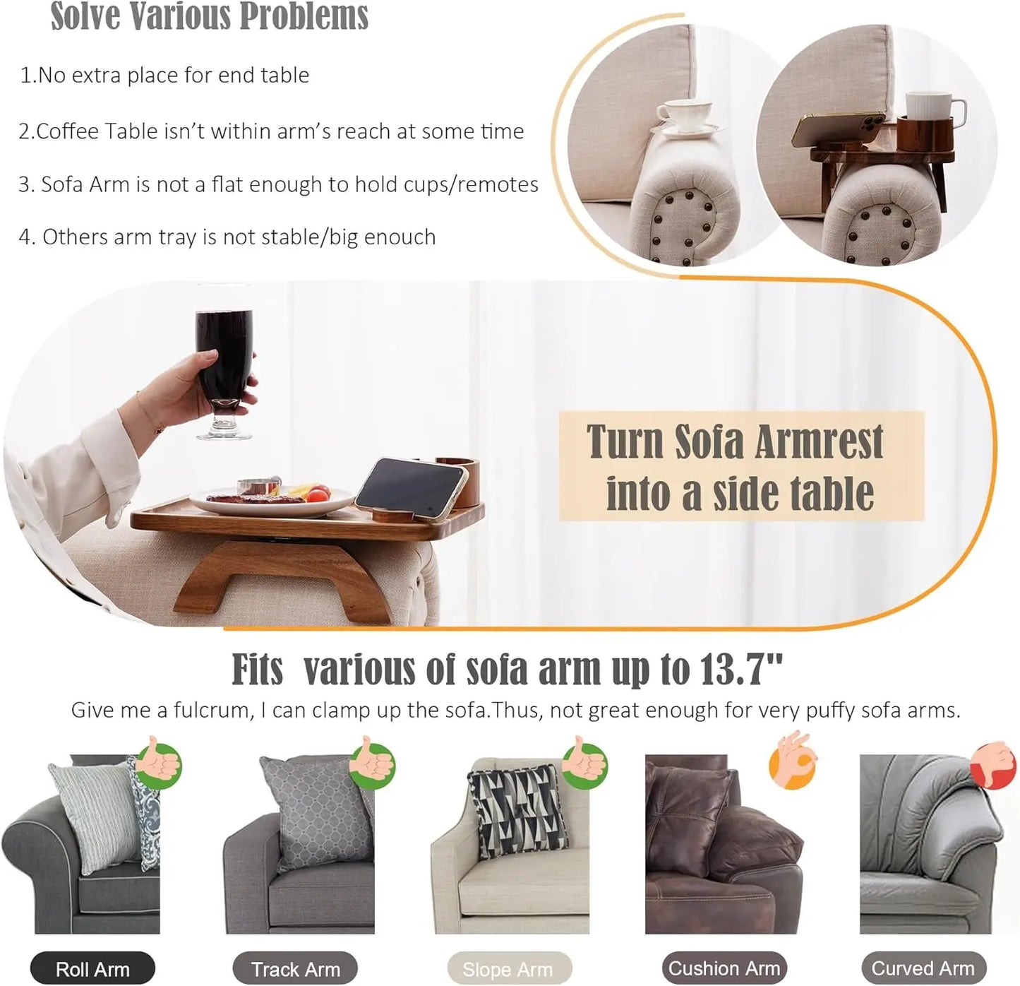 Acacia Wood 3-in-1 Clip-On Sofa Arm Tray with Cup & Phone Holder