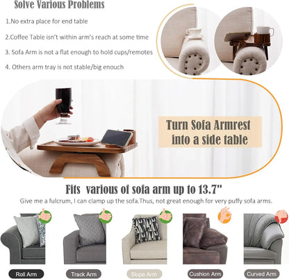 Acacia Wood 3-in-1 Clip-On Sofa Arm Tray with Cup & Phone Holder