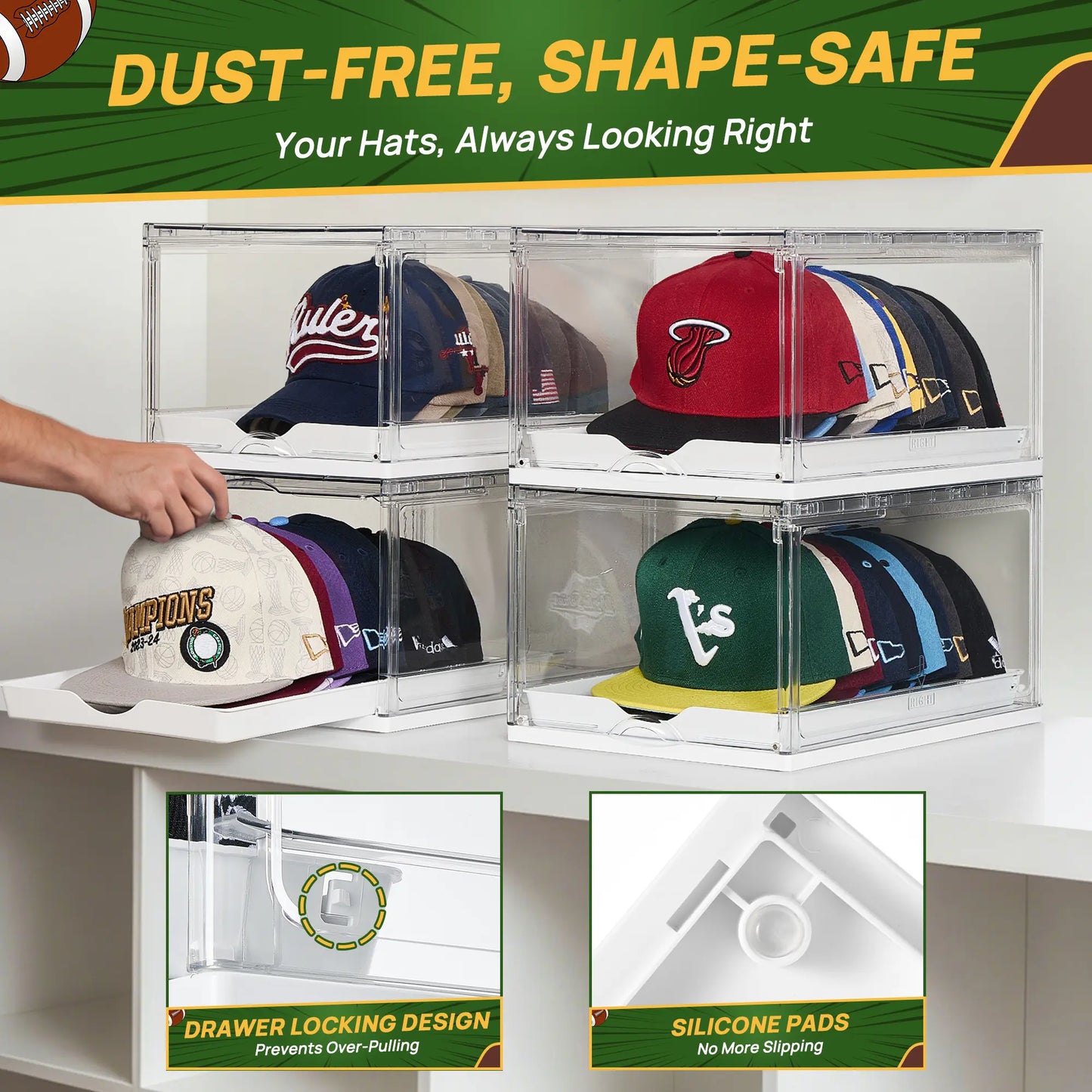 Clear Stackable Hat Organizer – Cap Storage Box with Magnetic Door