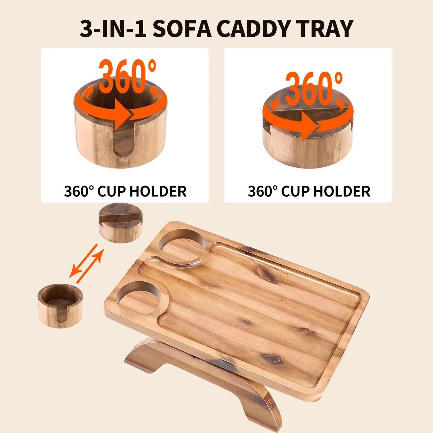 Acacia Wood 3-in-1 Clip-On Sofa Arm Tray with Cup & Phone Holder