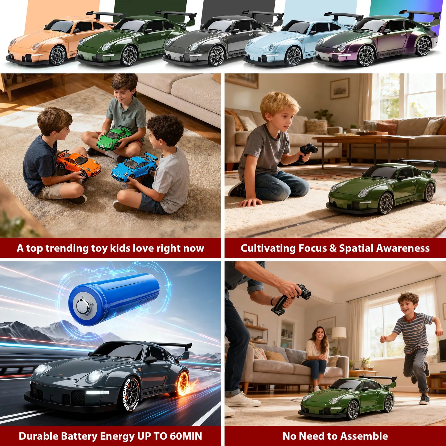1:24 Scale 4WD RC Drift Car – USB Rechargeable Remote Control Car with LED Lights