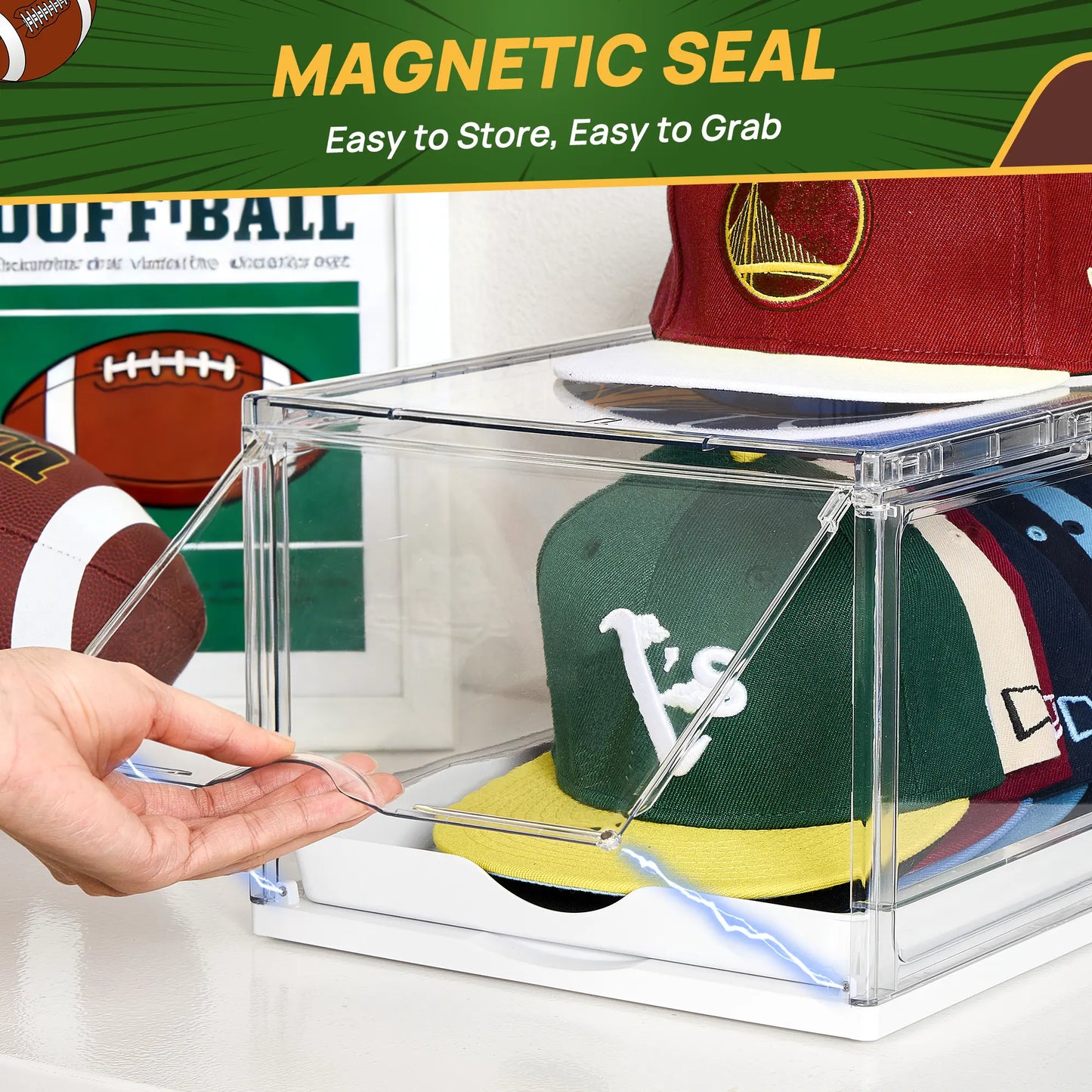 Clear Stackable Hat Organizer – Cap Storage Box with Magnetic Door