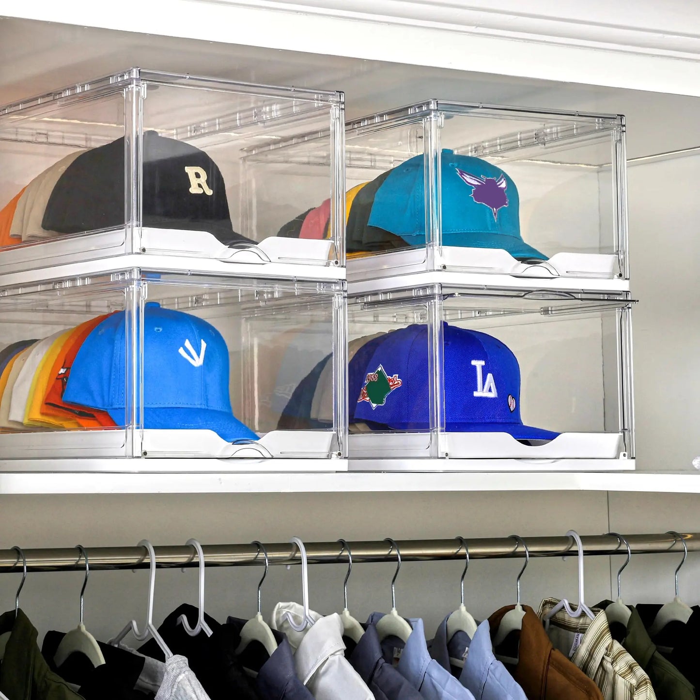 Clear Stackable Hat Organizer – Cap Storage Box with Magnetic Door