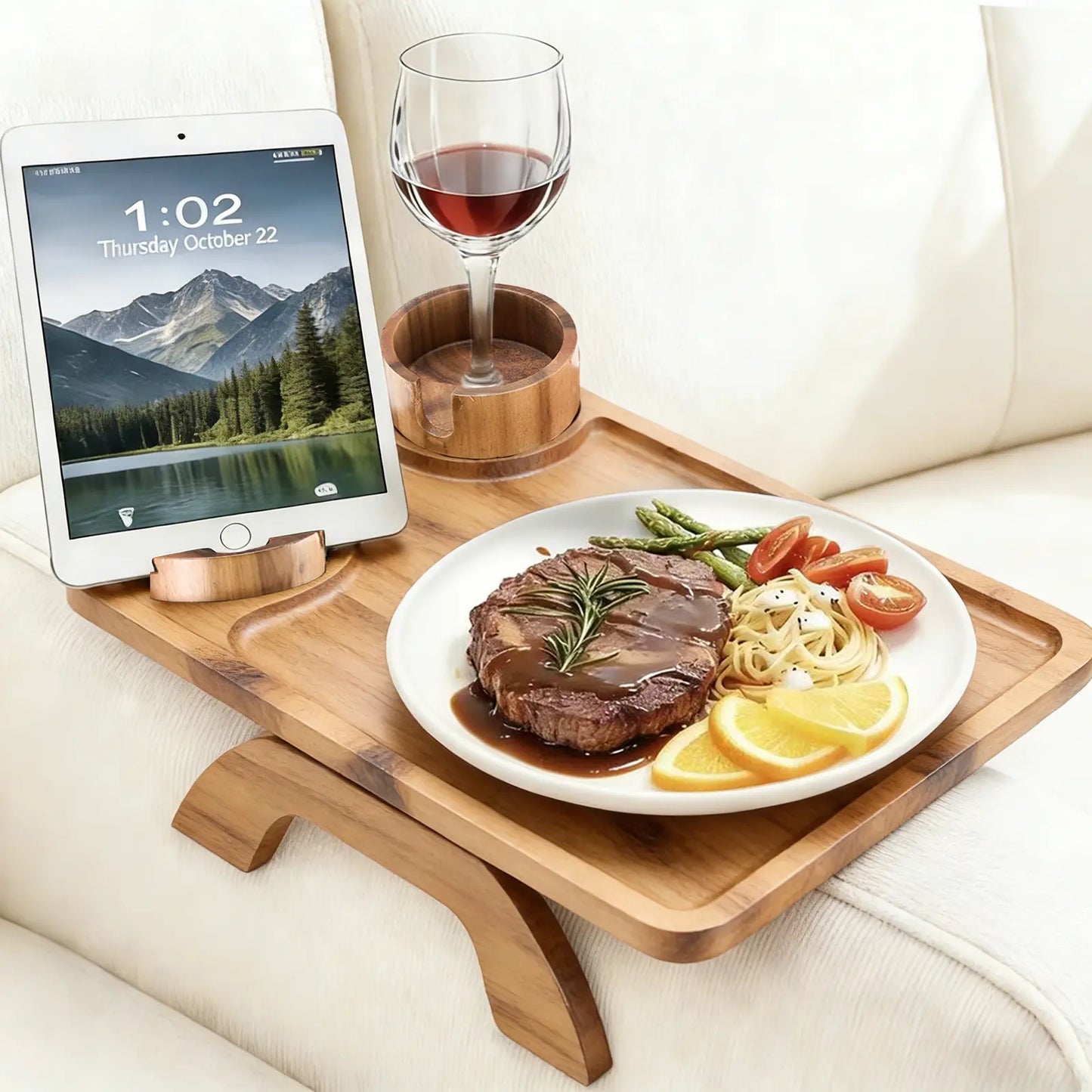 Acacia Wood 3-in-1 Clip-On Sofa Arm Tray with Cup & Phone Holder