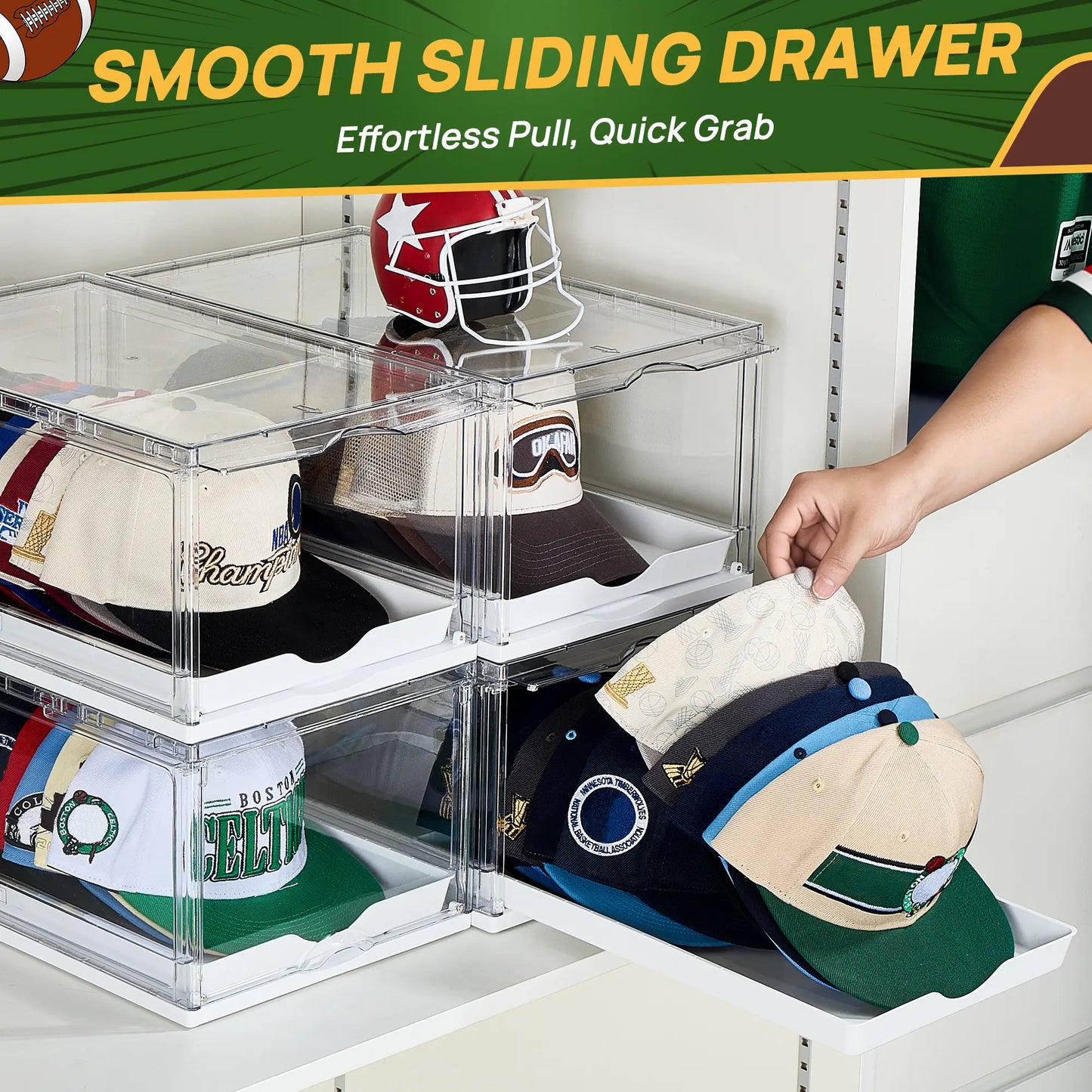 Clear Stackable Hat Organizer – Cap Storage Box with Magnetic Door