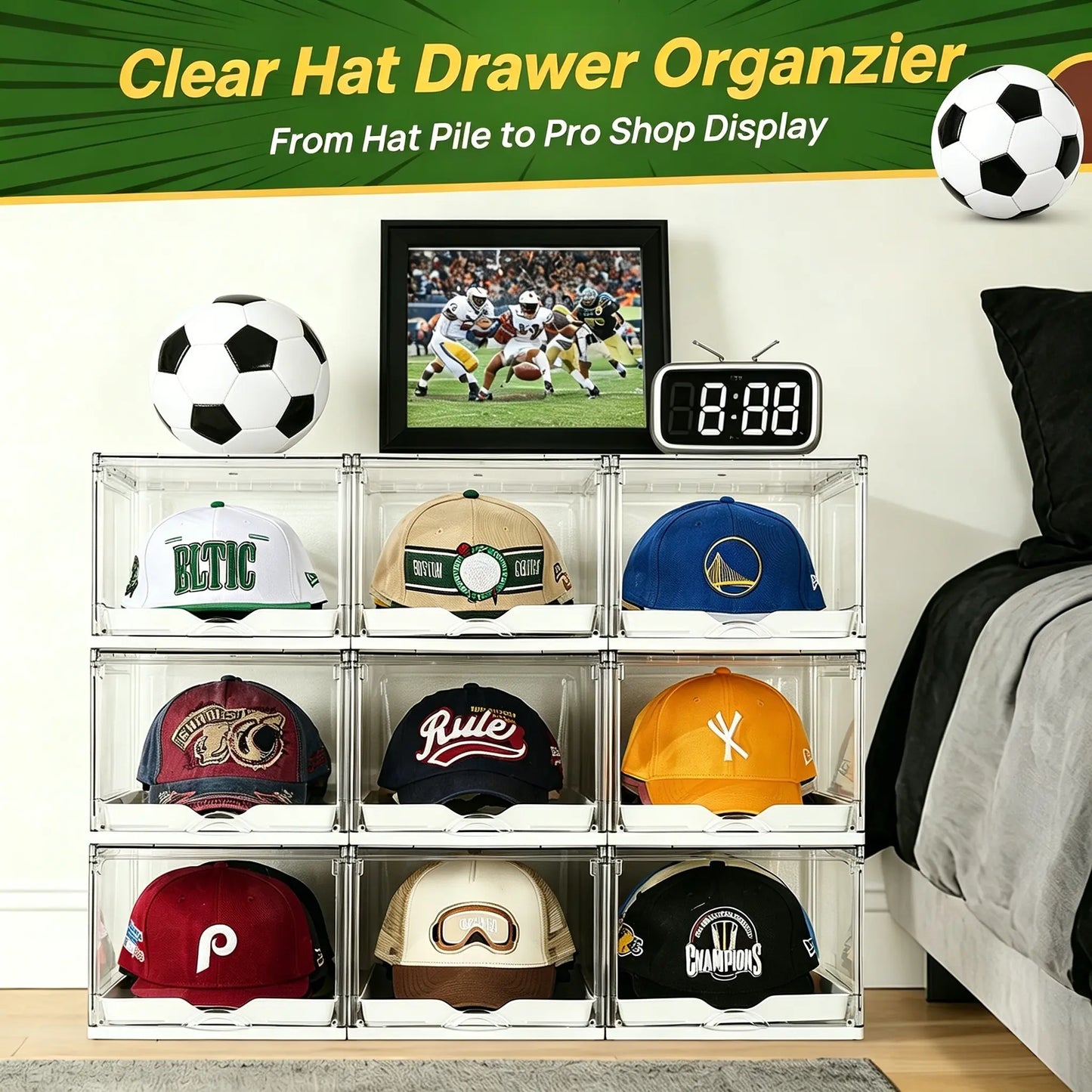 Clear Stackable Hat Organizer – Cap Storage Box with Magnetic Door
