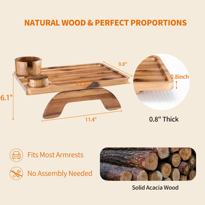 Acacia Wood 3-in-1 Clip-On Sofa Arm Tray with Cup & Phone Holder