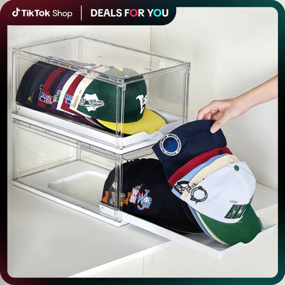 Clear Stackable Hat Organizer – Cap Storage Box with Magnetic Door