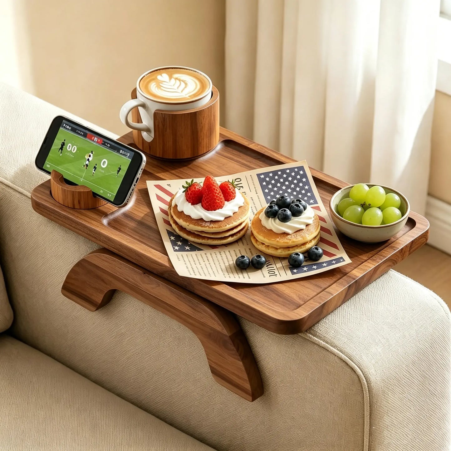 Acacia Wood 3-in-1 Clip-On Sofa Arm Tray with Cup & Phone Holder
